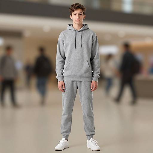 Photograph of a young man with short brown hair, wearing a light gray hoodie and matching sweatpants, standing in a blurred mall with white floors and
