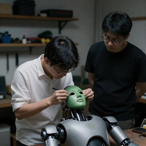 Two Men Repairing Masked Robot Torso