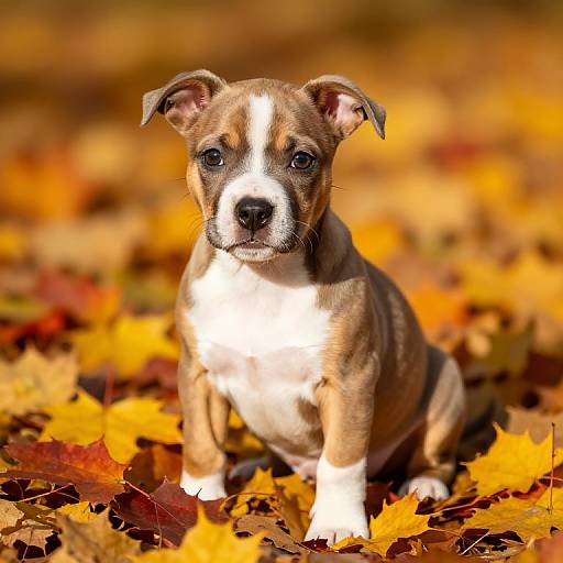 Photograph of a cute, brown and white puppy with a black nose, sitting on a vibrant autumn leaf-covered ground.