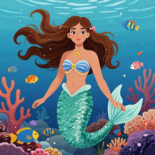 Digital illustration of a cute, brown-haired mermaid with a blue and white striped top, green scaly tail, surrounded by colorful fish and coral in