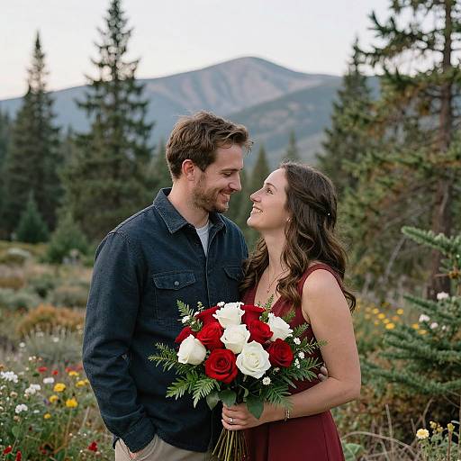 Photograph of a smiling couple in a forest; the man in a denim shirt and the woman in a red dress, holding a bouquet of red and