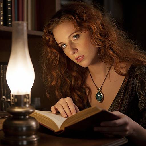 Photograph of a red-haired woman with wavy hair, wearing a black top and green pendant, reading by a glowing lamp in a dimly lit