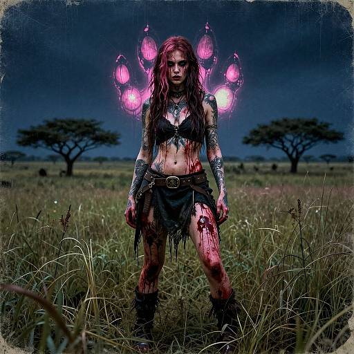 Digital fantasy artwork: Blood-streaked red-haired woman with glowing pink lanterns on back, wearing black torn outfit, stands in dark, grassy
