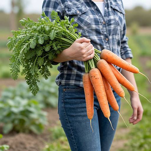 Photograph of a person in a blue plaid shirt and blue jeans holding a bunch of large, orange carrots with green tops in a garden.