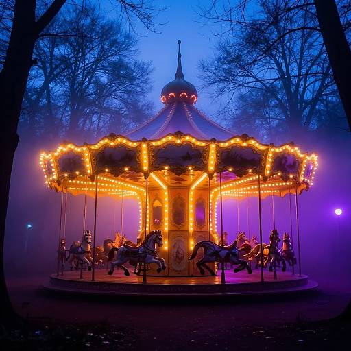 Photograph of a glowing, vintage carousel at dusk, surrounded by mist, with colorful lights and silhouetted horses, set in a foggy