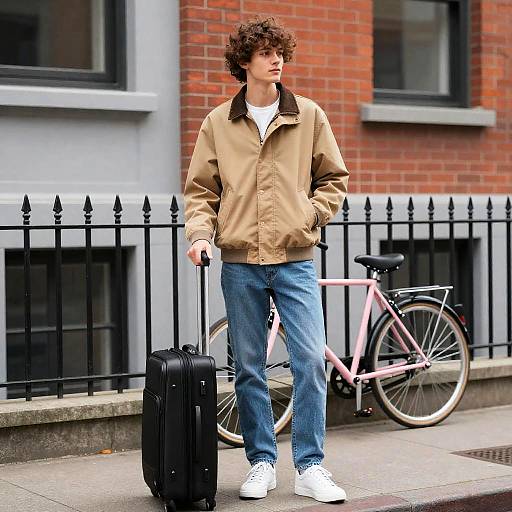 Young Man with Suitcase in Urban Setting