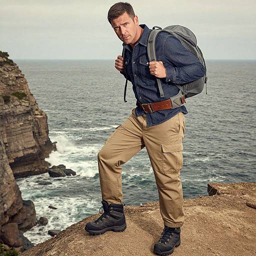 Photograph of a muscular man with short brown hair, wearing a blue shirt, beige pants, black boots, and a gray backpack, standing on a
