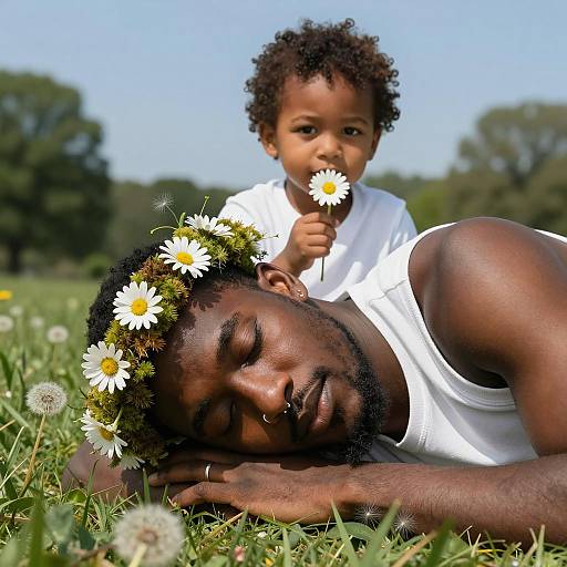 Father and Child in Daisy Crown on Grass