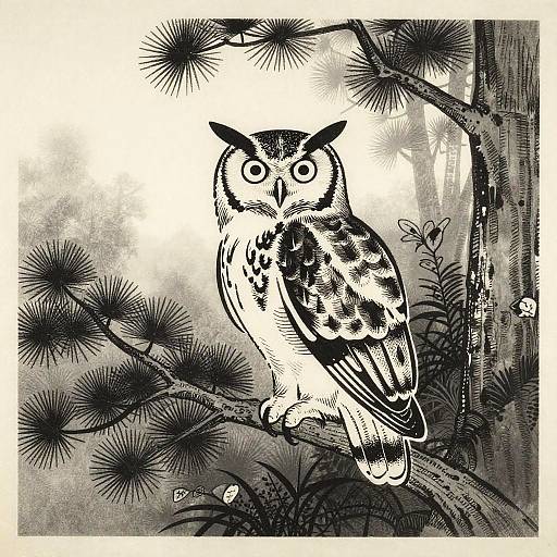 Traditional Japanese Woodblock Owl