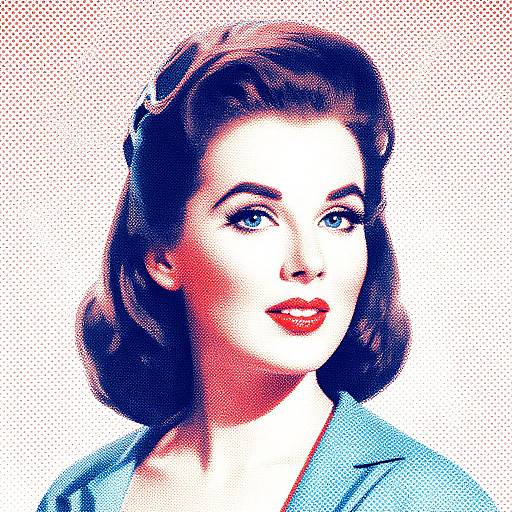 Digital pop art portrait of a fair-skinned, red-lipped woman with dark wavy hair, wearing a blue collared shirt, set against a