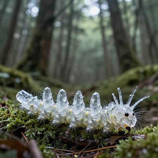 Photograph of a glowing, icicle-covered caterpillar on mossy forest floor, with blurred trees and greenery in the background.