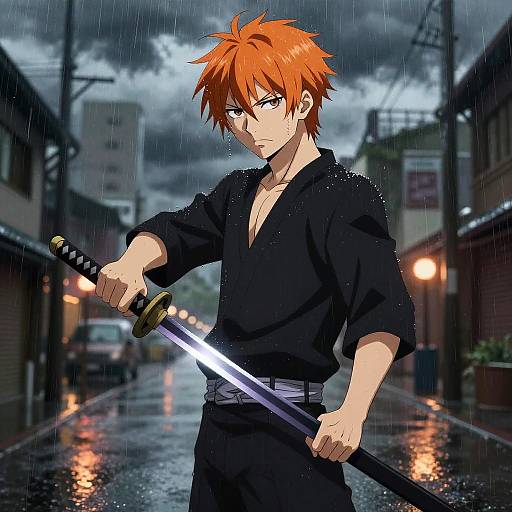 Anime-style drawing of a red-haired, serious-looking young man in a black shirt holding a katana in a rainy urban street.