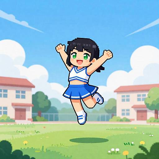 Pixel Art Cheerleader Jumping in School