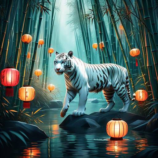 Elegant White Tiger in Mystical Bamboo Forest