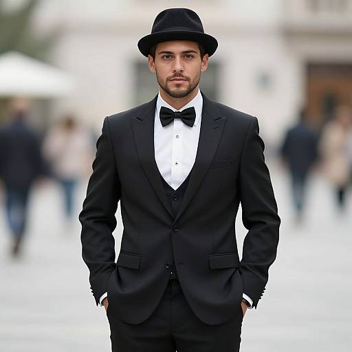 Photograph of a handsome man with light skin, dark hair, and beard, wearing a black suit, white shirt, black bow tie, and black