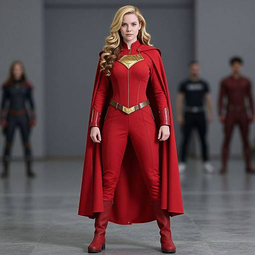 Photograph of a blonde woman in a red superhero costume with gold accents, standing confidently on a gray stage, with blurred figures in the background.