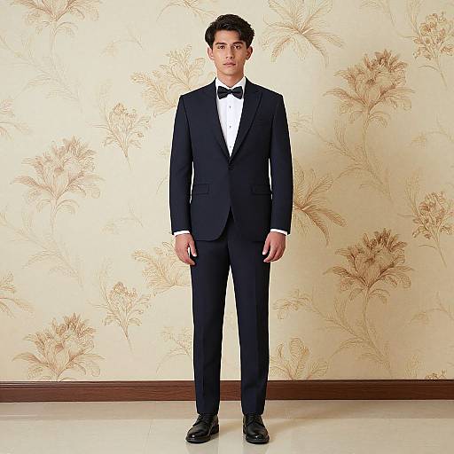 Photograph of a young man with short dark hair, standing in front of a floral-patterned beige wallpaper, wearing a black tuxedo, white