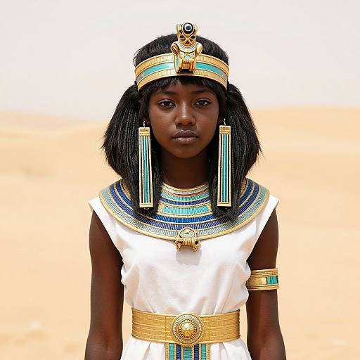 Photograph of a young Black woman in ancient Egyptian attire, wearing a white dress, gold and turquoise jewelry, and a detailed headdress, against a