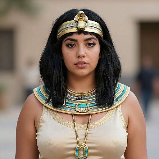 Photograph of a young woman with medium brown skin, black hair, wearing an Egyptian-inspired gold headpiece, necklace, and white sleeveless top,