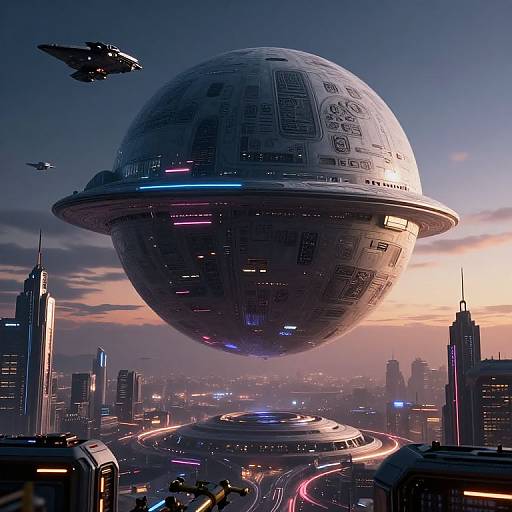 CGI digital art of a futuristic cityscape with a massive, spherical spaceship hovering above, surrounded by high-rise buildings, flying cars, and two small