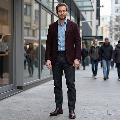Photograph of a bearded man in a dark blazer, light blue shirt, and black trousers standing on a city sidewalk with blurred pedestrians in the