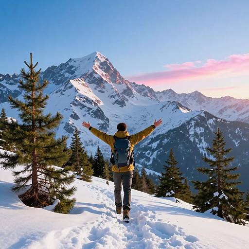Photograph of a person with arms outstretched, facing snowy mountain peak, wearing yellow jacket, blue backpack, and hiking boots, surrounded by pine