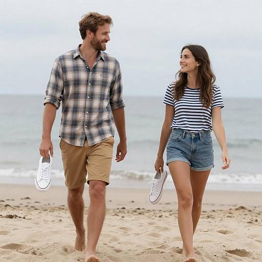 Joyful Couple Stroll on Sandy Beach