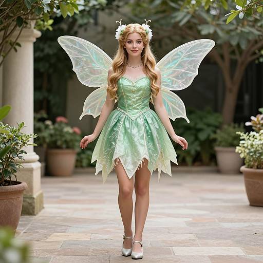 Photograph of a blonde fairy with long hair, green dress, translucent wings, white flower crown, silver shoes, walking in a sunlit garden.