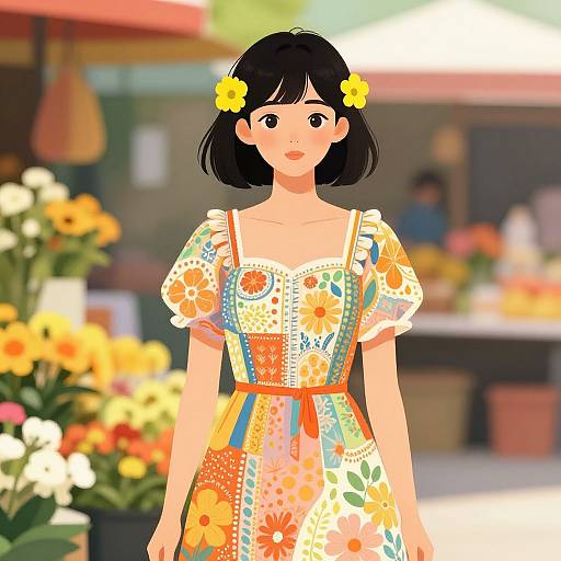 Digital illustration of an Asian woman with short black hair, yellow flower hairpin, wearing a colorful floral dress, standing in a sunny, flower-filled outdoor