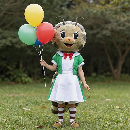 Photograph of a bee-themed costume character holding three balloons (yellow, red, green) in a grassy park with dense trees.