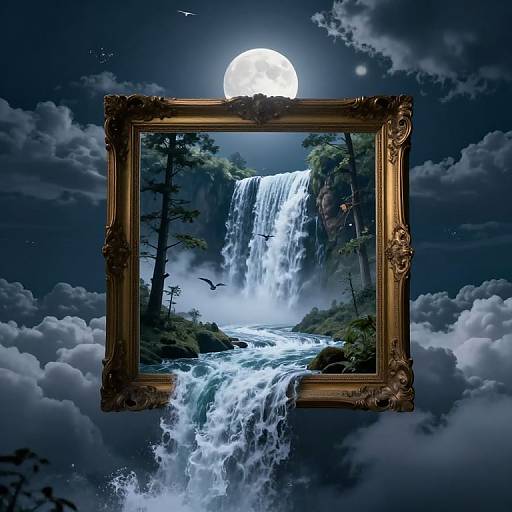 Digital artwork of an ornate gold frame hanging in mid-air, displaying a moonlit waterfall and misty forest, with clouds and a full moon in