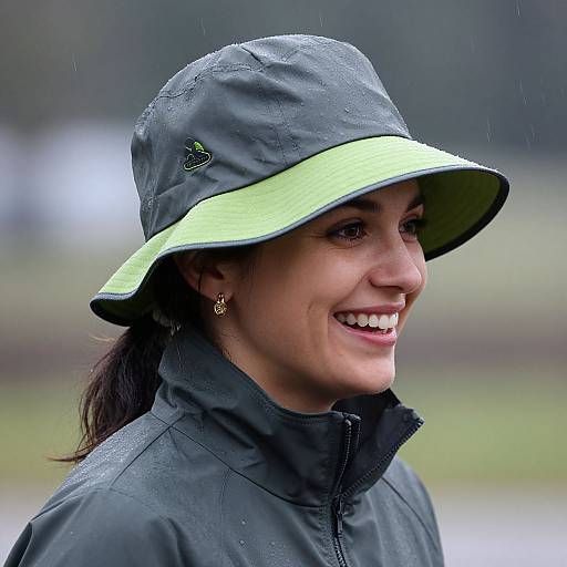 Joyful Woman in Colorful Rain Hat