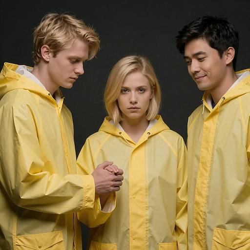 Three People in Yellow Rain Ponchos