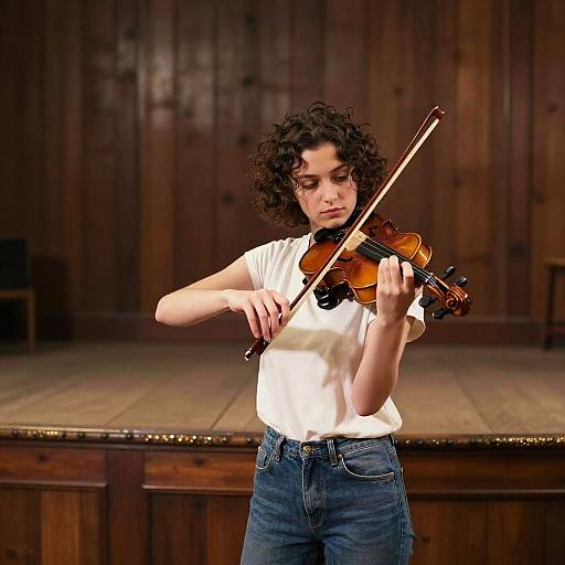 Young Violinist Tuning on Antique Stage