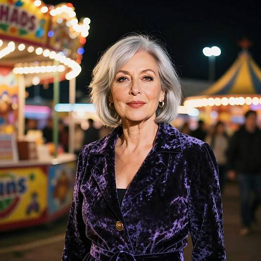 Photograph of an older woman with silver bob haircut, wearing a dark purple velvet blazer, standing at a brightly lit carnival at night.