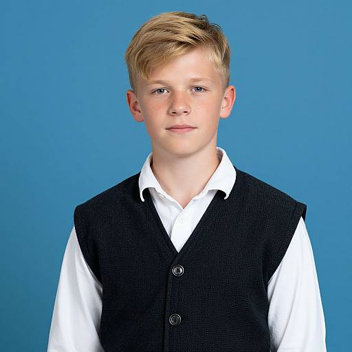Photograph of a young boy with blonde hair, blue eyes, wearing a white shirt and black vest, against a bright blue background.