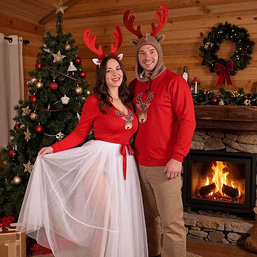Photograph of a smiling couple in festive attire: she wears a red top and white tulle skirt, he has a red sweater and reindeer ant