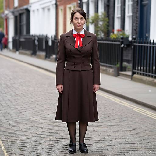Photograph of a serious woman in a brown business suit, red bow tie, and black shoes standing on a cobblestone street.