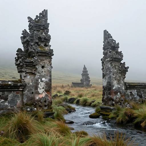 Photograph of misty ruins with tall, weathered stone structures flanking a flowing stream, surrounded by green grass and moss-covered rocks.