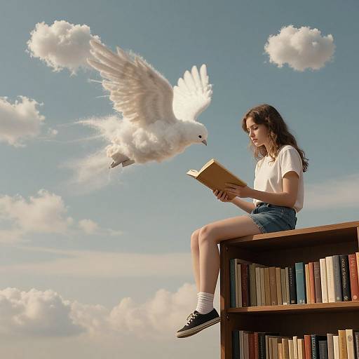 Photograph of a brown-haired girl in a white shirt and denim shorts, sitting on a bookshelf, reading a book as a white dove flies near