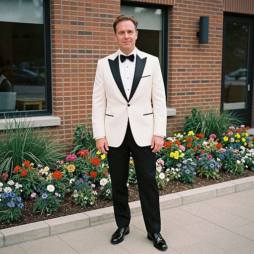 Photograph of a smiling man in a white tuxedo with black lapels, black bow tie, and black pants, standing in front of a