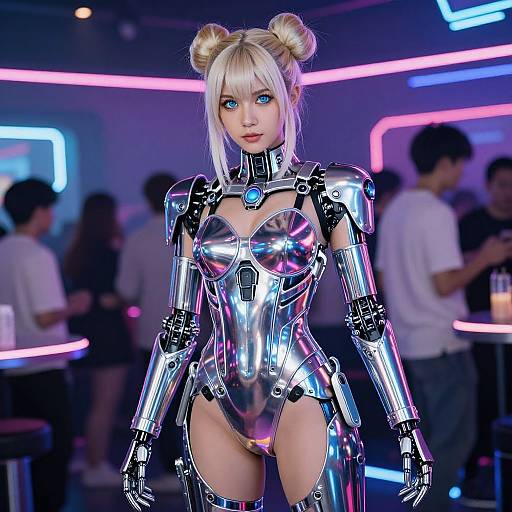 Photorealistic CGI of a blonde, blue-eyed female android with shiny silver armor, double buns, in a neon-lit bar.