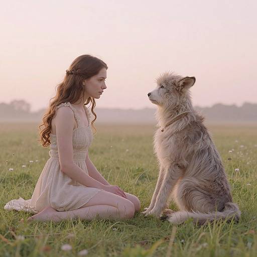 Photograph of a young woman with long brown hair in a beige dress kneeling on grass, facing a fluffy, grey-and-brown dog sitting opposite her