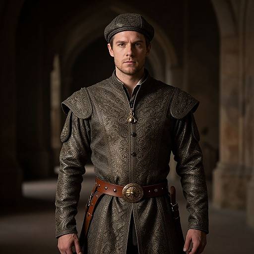 Photograph of a handsome, fair-skinned man in medieval dark gray embroidered tunic and cap, brown belt with ornate buckle, standing in dim