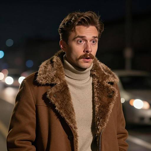 Surprised man in fur-lined coat at night