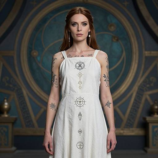 Photograph of a tattooed, fair-skinned woman with long brown hair, wearing a white, sleeveless dress with circular patterns, standing in front
