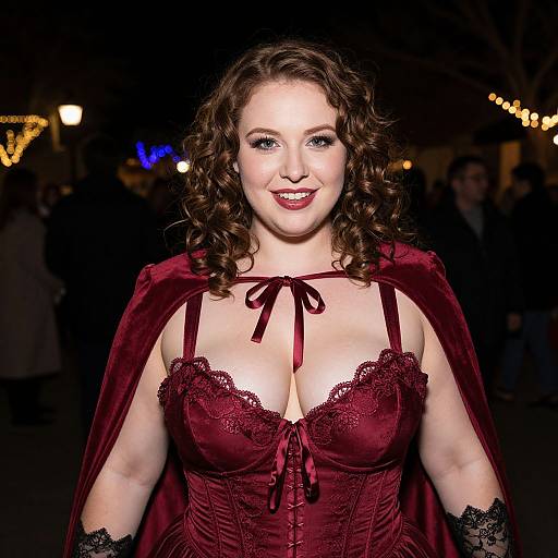 Photograph of a fair-skinned woman with curly brown hair, wearing a red lace corset and cape, smiling in a dimly lit outdoor evening