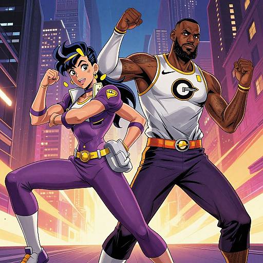 Digital artwork of anime-style woman and muscular Black man in fighting stances, cityscape background, neon lights, purple and white outfits.