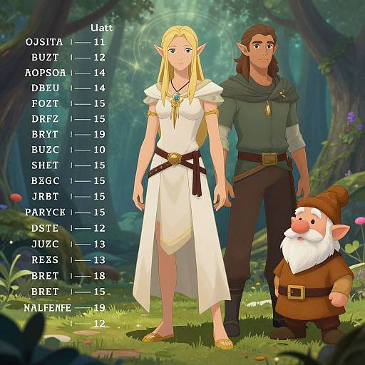 Digital art of a forest scene with an elven woman in white, a brown-haired man in green, and a small bearded gnome beside them,