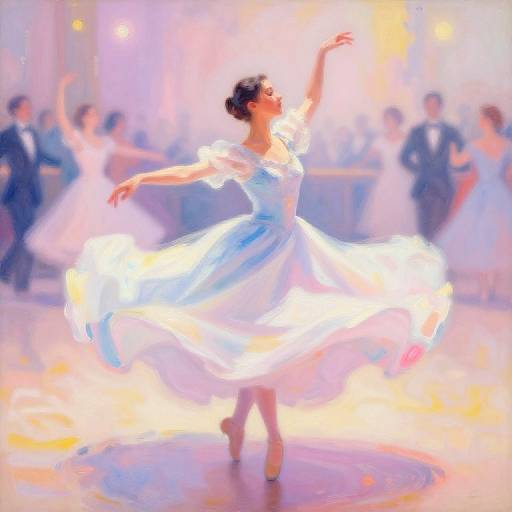 Photograph of a ballerina in a flowing white dress, mid-dance, arms gracefully raised, surrounded by blurred, elegantly dressed audience in